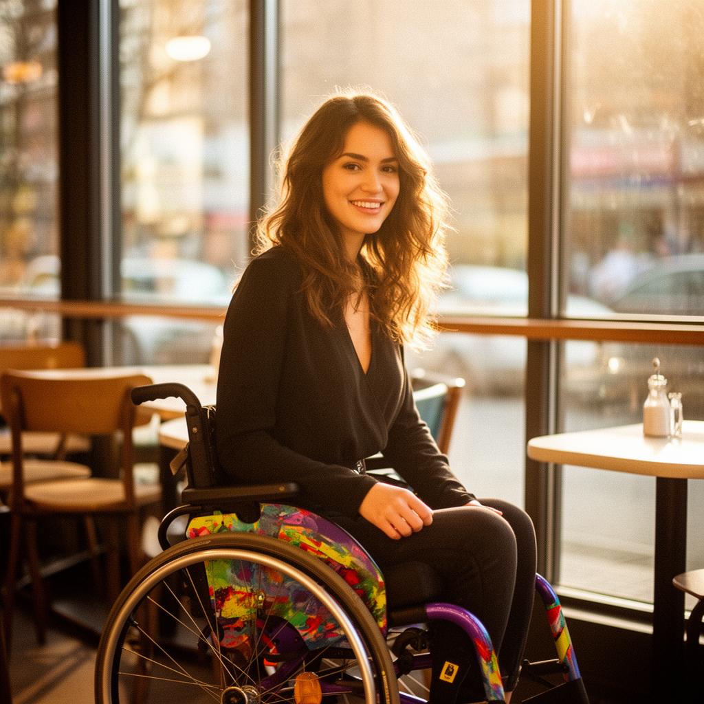Jordan, 28, smiling in her wheelchair at a sunlit cafe